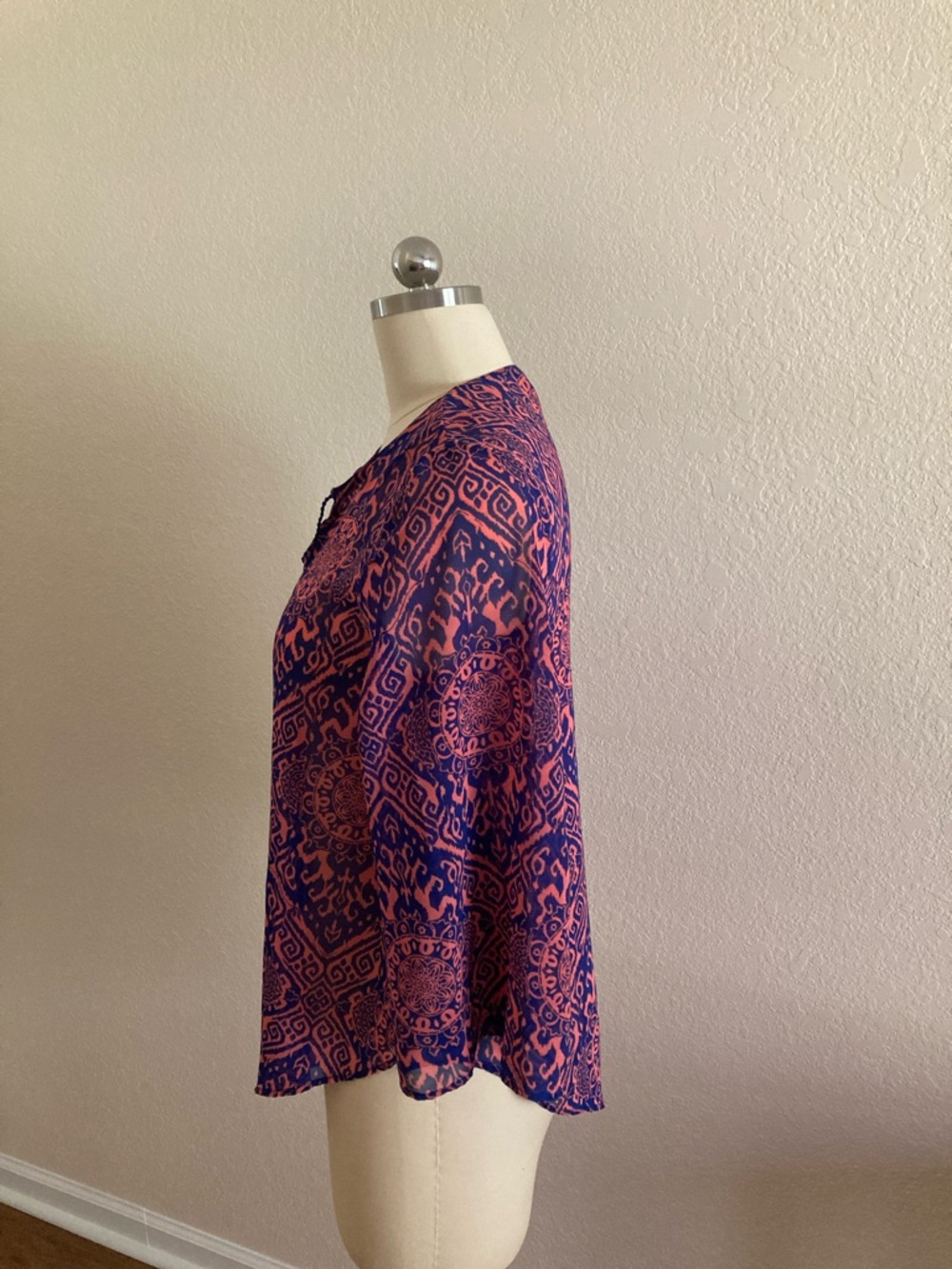 Banana Republic Navy and Coral Medallion Tie-Front Blouse